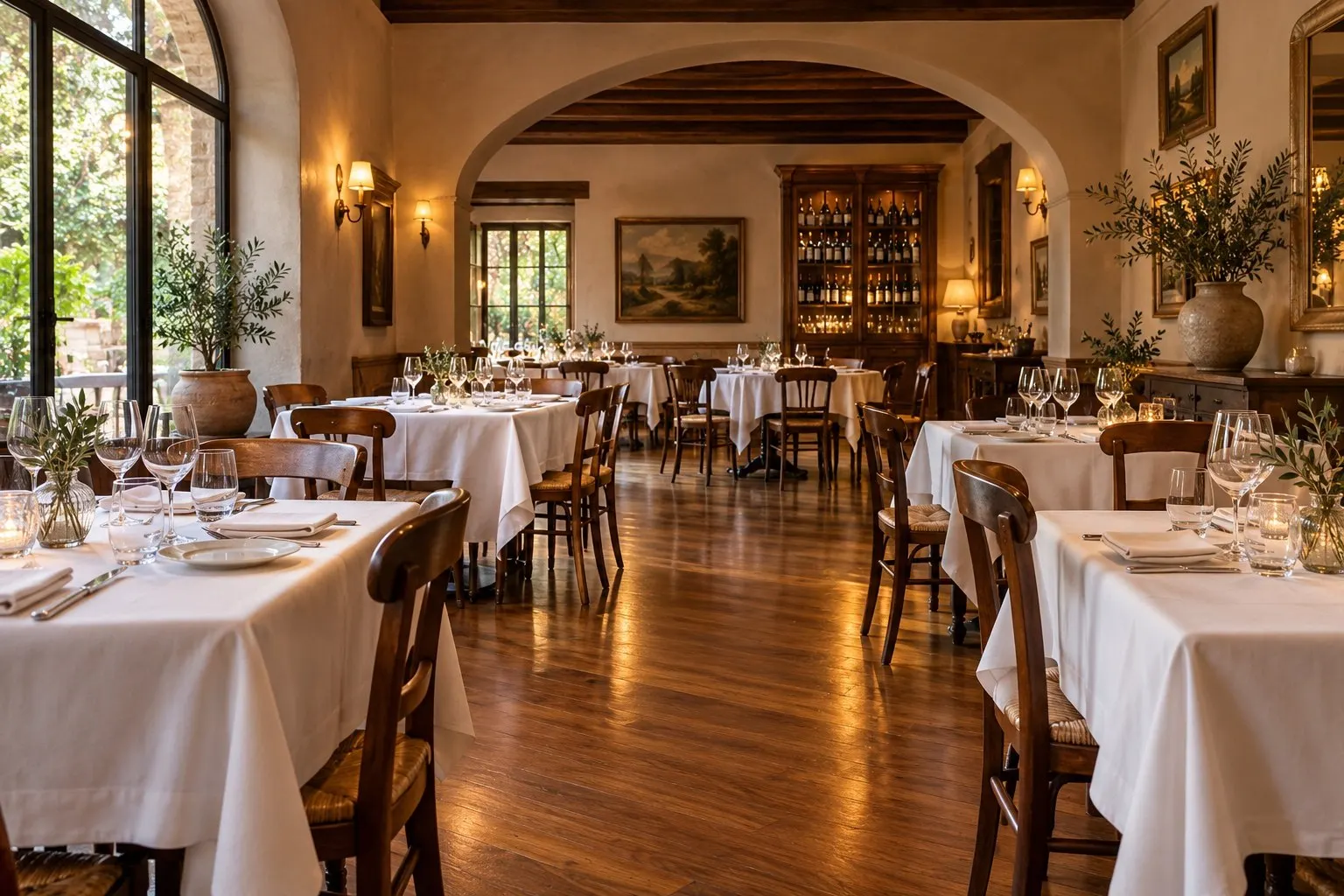 La sala apparecchiata, con la luce vera del locale